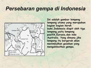 Persebaran gempa di Indonesia 
Ini adalah gambar lempeng 
lempeng utama yang merupakan 
bagian bagian kerak 
bumi,Indonesia diapit oleh tiga 
lempeng,yaitu lempeng 
pasifik,Eurasia,dan indo 
Australia. Yang dimana jika 
lempeng itu bergerak akan 
menimbulkan gesekan yang 
mengakibatkan gempa. 
 
