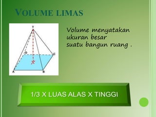 VOLUME LIMAS
Volume menyatakan
ukuran besar
suatu bangun ruang .
 