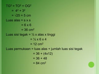 TG2 = TO2 + OG2
= 42 + 32
= √25 = 5 cm
Luas alas = s x s
= 6 x 6
= 36 cm2
Luas sisi tegak = ½ x alas x tinggi
= ½ x 6 x 4
= 12 cm2
Luas permukaan = luas alas + jumlah luas sisi tegak
= 36 + (4x12)
= 36 + 48
= 84 cm2
 