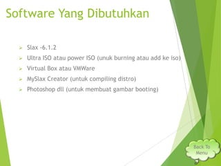 Software Yang Dibutuhkan


Slax -6.1.2



Ultra ISO atau power ISO (unuk burning atau add ke iso)



Virtual Box atau VMWare



MySlax Creator (untuk compiling distro)



Photoshop dll (untuk membuat gambar booting)

Back To
Menu

 