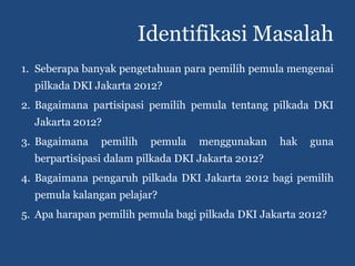 Identifikasi Masalah
1. Seberapa banyak pengetahuan para pemilih pemula mengenai
  pilkada DKI Jakarta 2012?
2. Bagaimana partisipasi pemilih pemula tentang pilkada DKI
  Jakarta 2012?
3. Bagaimana   pemilih   pemula   menggunakan      hak   guna
  berpartisipasi dalam pilkada DKI Jakarta 2012?
4. Bagaimana pengaruh pilkada DKI Jakarta 2012 bagi pemilih
  pemula kalangan pelajar?
5. Apa harapan pemilih pemula bagi pilkada DKI Jakarta 2012?
 