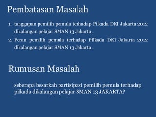 Pembatasan Masalah
1. tanggapan pemilih pemula terhadap Pilkada DKI Jakarta 2012
  dikalangan pelajar SMAN 13 Jakarta .
2. Peran pemilih pemula terhadap Pilkada DKI Jakarta 2012
  dikalangan pelajar SMAN 13 Jakarta .



Rumusan Masalah
  seberapa besarkah partisipasi pemilih pemula terhadap
  pilkada dikalangan pelajar SMAN 13 JAKARTA?
 