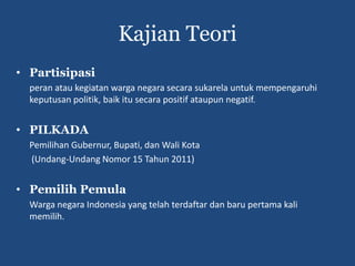 Kajian Teori
• Partisipasi
  peran atau kegiatan warga negara secara sukarela untuk mempengaruhi
  keputusan politik, baik itu secara positif ataupun negatif.


• PILKADA
  Pemilihan Gubernur, Bupati, dan Wali Kota
  (Undang-Undang Nomor 15 Tahun 2011)


• Pemilih Pemula
  Warga negara Indonesia yang telah terdaftar dan baru pertama kali
  memilih.
 