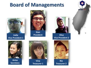 Stan
PresidentIndie
Vice President 1
Anisa
Secretary
Rio
Treasurer 2
Vina
Treasurer 1
Elisa
Vice President 2
Board of Managements
 