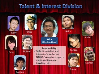 Wira
Division Head
Responsibility:
• To facilitate talent and
interest of members of
NTUST-ISA (such as : sports,
music, photography,
travelling, etc)
Ester Muhyin
Ronny
Wega Naim
Ricky
Lukman
Adrian
Bondan
Rangga
 