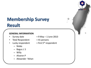 Membership Survey
Result
GENERAL INFORMATION
• Survey date = 9 May – 1 June 2013
• Total Respondent = 41 persons
• Lucky respondent = first 5th respondent
– Nieko
– Bagus J. S
– Willy
– Alvaron P
– Alexander Yohan
 