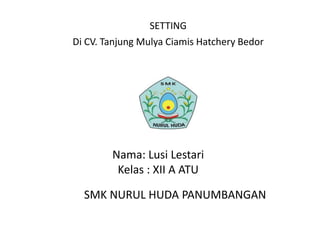 SETTING
Di CV. Tanjung Mulya Ciamis Hatchery Bedor
Nama: Lusi Lestari
Kelas : XII A ATU
SMK NURUL HUDA PANUMBANGAN
 
