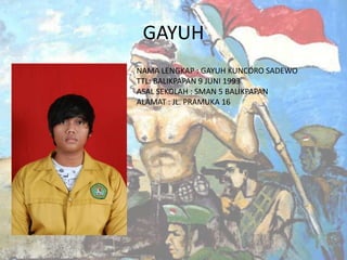 GAYUH
NAMA LENGKAP : GAYUH KUNCORO SADEWO
TTL: BALIKPAPAN 9 JUNI 1993
ASAL SEKOLAH : SMAN 5 BALIKPAPAN
ALAMAT : JL. PRAMUKA 16

 
