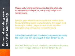 Flipper, yaitu kaleng terlihat normal, tapi bila salah satu
Penampakan Kaleng karena

                           tutupnya ditekan dengan jari, tutup yang lainnya akan
                           mengembung.
Kerusakan Mikrobiologi


                           Springer, yaitu bila salah satu tutup terlihat normal (tidak
                           kembung) sedang bagian lainnya kembung. Bila bagian yang
                           kembung ini ditekan , bagian ini akan masuk ke dalam
                           sedangkan tutup lainnya akan menjadi kembung.


                           Softwell (kembung lunak), yaitu kedua tutup kaleng kembung
                           tapi tidak keras, dan masih dapat di tekan dengan ibu jari.


                           Hard well (kembung keras), yaitu kedua tutup kaleng kembung
                           dan keras sehingga tidak dapat di tekan dengan ibu jari.
 