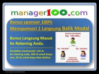 © 2015 manager100.com All Rights Reserved.
Bonus sponsor 100%
Mensponsori 1 Langsung Balik Modal
Bonus Langsung Masuk
Ke Rekening Anda.
---------------------------------------------------
Pendaftar mentransfer 120 rb
Ke rekening anda, 100 rb untuk biaya
Join, 20 rb untuk biaya tiket aktifasi.
 