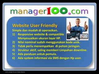 © 2015 manager100.com All Rights Reserved.
Website User Friendly
Simple dan mudah di operasikan.
1) Responsive website & compatible
Menyesuaikan ukuran layar HP.
2) Nilai nominal sudah menggunakan kode unik.
3) Tidak perlu menempatkan di pohon jaringan.
4) Struktur aktif, saling memberi Limpahan downline.
5) Ada panduan untuk pemula.
6) Ada system informasi via SMS dengan Hp user.
 