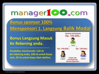 © 2015 manager100.com All Rights Reserved.
Bonus sponsor 100%
Mensponsori 1. Langsung Balik Modal
Bonus Langsung Masuk
Ke Rekening anda.
-----------------------------------------------
Pendaftar mentransfer 120 rb
Ke rekening anda, 100 rb untuk biaya
Join, 20 rb untuk biaya tiket aktifasi.
 