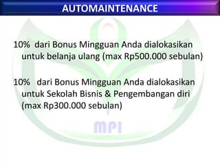 10% dari Bonus Mingguan Anda dialokasikan
untuk belanja ulang (max Rp500.000 sebulan)
10% dari Bonus Mingguan Anda dialokasikan
untuk Sekolah Bisnis & Pengembangan diri
(max Rp300.000 sebulan)
AUTOMAINTENANCE
 