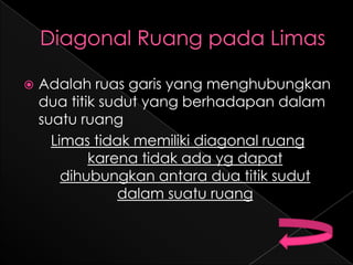    Adalah ruas garis yang menghubungkan
    dua titik sudut yang berhadapan dalam
    suatu ruang
      Limas tidak memiliki diagonal ruang
            karena tidak ada yg dapat
        dihubungkan antara dua titik sudut
                dalam suatu ruang
 