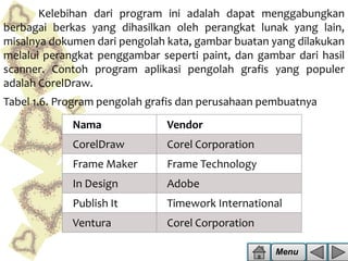 Kelebihan dari program ini adalah dapat menggabungkan
berbagai berkas yang dihasilkan oleh perangkat lunak yang lain,
misalnya dokumen dari pengolah kata, gambar buatan yang dilakukan
melalui perangkat penggambar seperti paint, dan gambar dari hasil
scanner. Contoh program aplikasi pengolah grafis yang populer
adalah CorelDraw.

Tabel 1.6. Program pengolah grafis dan perusahaan pembuatnya
Nama

Vendor

CorelDraw

Corel Corporation

Frame Maker

Frame Technology

In Design

Adobe

Publish It

Timework International

Ventura

Corel Corporation
Menu

 