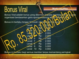 Bonus Viral adalah bonus yang diberikan kepada member bilamana pada
organisasi berdasarkan garis sponsorisasinya terjadi Repeat Order.
Bonus ini berlaku hingga 10 Level. (dimulai dari diri sendiri).
Level 1 Rp. 30.000
Level 2 Rp. 2.000
Level 3 Rp. 2.000
Level 4 Rp. 2.000
Level 5 Rp. 2.000
Level 6 Rp. 2.000
Level 7 Rp. 2.000
Level 8 Rp. 2.000
Level 9 Rp. 3.000
Level 10 Rp. 3.000
Bonus ini berlaku bagi semua member tanpa memandang peringkat.
 