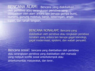 BENCANA NONALAM: Bencana yang
diakibatkan oleh peristiwa atau rangkaian peristiwa
nonalam yang antara lain berupa gagal teknologi,
gagal modernisasi, epidemi, dan wabah penyakit.
BENCANA ALAM: Bencana yang diakibatkan
oleh peristiwa atau serangkaian peristiwa yang
disebabkan oleh alam antara lain berupa gempa bumi,
tsunami, gunung meletus, banjir, kekeringan, angin
topan, dan tanah longsor.
Bencana sosial: bencana yang diakibatkan oleh peristiwa
atau serangkaian peristiwa yang diakibatkan oleh manusia
yang meliputi konflik sosial antarkelompok atau
antarkomunitas masyarakat, dan teror.
 