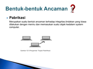  Pabrikasi
Merupakan suatu bentuk ancaman terhadap integritas.tindakan yang biasa
dilakukan dengan meniru dan memasukan suatu objek kedalam system
computer.
 