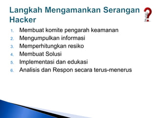 1. Membuat komite pengarah keamanan
2. Mengumpulkan informasi
3. Memperhitungkan resiko
4. Membuat Solusi
5. Implementasi dan edukasi
6. Analisis dan Respon secara terus-menerus
 