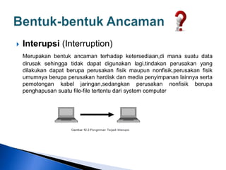  Interupsi (Interruption)
Merupakan bentuk ancaman terhadap ketersediaan,di mana suatu data
dirusak sehingga tidak dapat digunakan lagi.tindakan perusakan yang
dilakukan dapat berupa perusakan fisik maupun nonfisik.perusakan fisik
umumnya berupa perusakan hardisk dan media penyimpanan lainnya serta
pemotongan kabel jaringan,sedangkan perusakan nonfisik berupa
penghapusan suatu file-file tertentu dari system computer
 