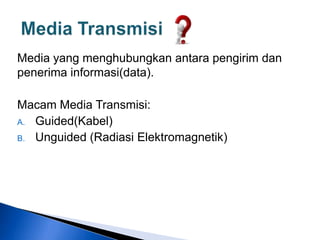 Media yang menghubungkan antara pengirim dan
penerima informasi(data).
Macam Media Transmisi:
A. Guided(Kabel)
B. Unguided (Radiasi Elektromagnetik)
 
