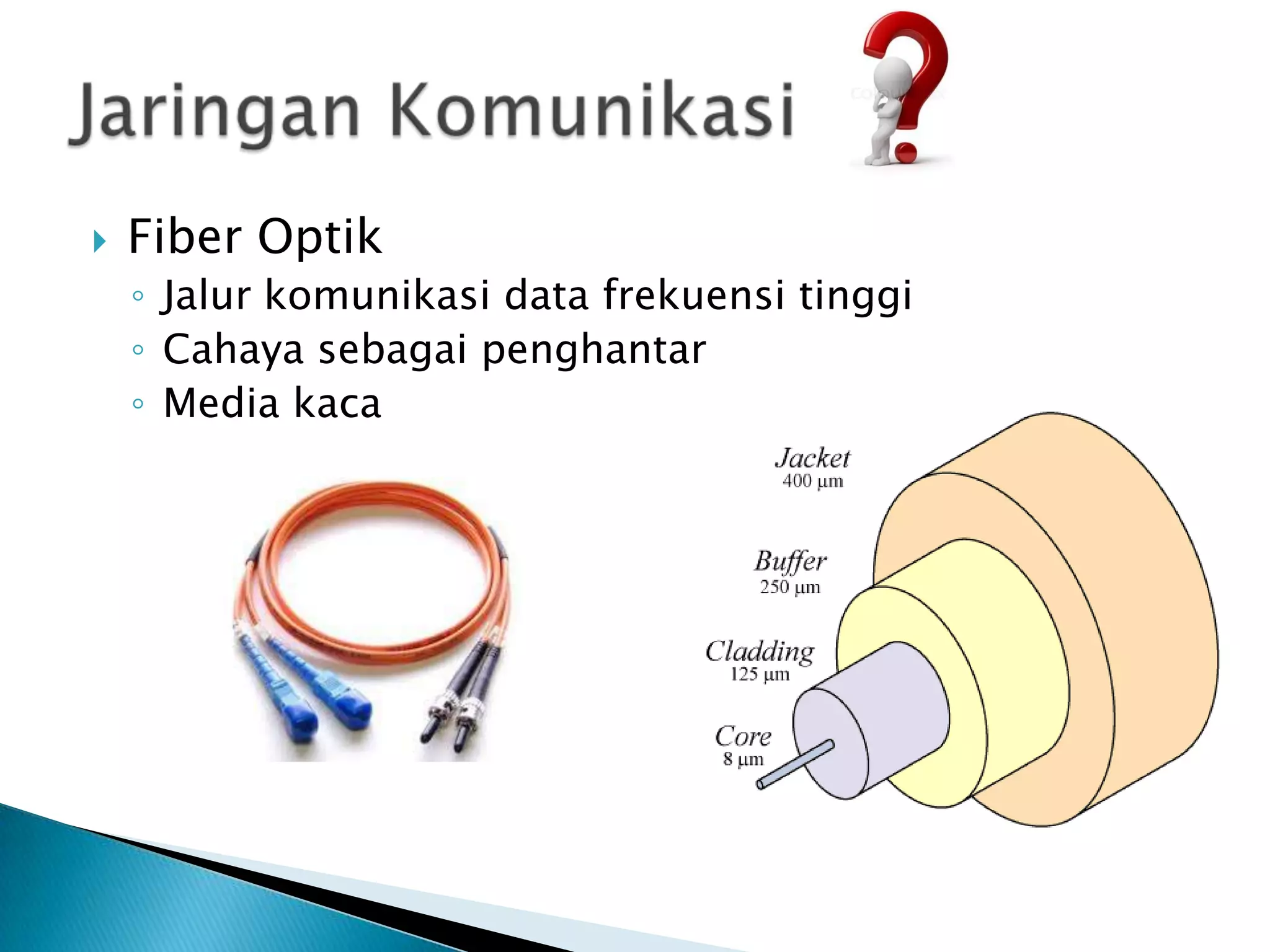    Fiber Optik
    ◦ Jalur komunikasi data frekuensi tinggi
    ◦ Cahaya sebagai penghantar
    ◦ Media kaca
 
