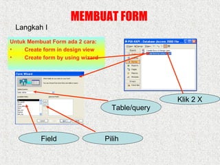 Langkah I

MEMBUAT FORM

Untuk Membuat Form ada 2 cara:
•
Create form in design view
•
Create form by using wizard

Klik 2 X
Table/query

Field

Pilih

 