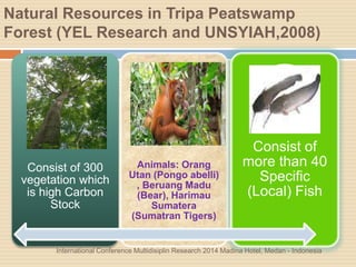 Natural Resources in Tripa Peatswamp
Forest (YEL Research and UNSYIAH,2008)
Consist of 300
vegetation which
is high Carbon
Stock
Animals: Orang
Utan (Pongo abelli)
, Beruang Madu
(Bear), Harimau
Sumatera
(Sumatran Tigers)
Consist of
more than 40
Specific
(Local) Fish
International Conference Multidisiplin Research 2014 Madina Hotel, Medan - Indonesia
 
