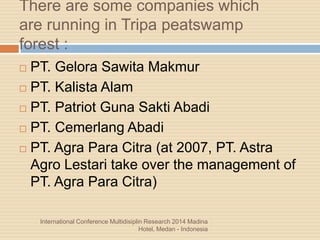 There are some companies which
are running in Tripa peatswamp
forest :
 PT. Gelora Sawita Makmur
 PT. Kalista Alam
 PT. Patriot Guna Sakti Abadi
 PT. Cemerlang Abadi
 PT. Agra Para Citra (at 2007, PT. Astra
Agro Lestari take over the management of
PT. Agra Para Citra)
International Conference Multidisiplin Research 2014 Madina
Hotel, Medan - Indonesia
 