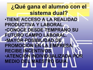 ¿Qué gana el alumno con el sistema dual? TIENE ACCESO A LA REALIDAD PRODUCTIVA Y LABORAL. CONOCE DESDE TEMPRANO SU FUTURO CAMPO LABORAL. MAYOR POSIBILIDAD DE PROMOCIÓN EN LA EMPRESA. RECIBE INCENTIVOS. ATENCION INDIVIDUALIZADA POR MEDIO DEL MAESTRO GUIA. 