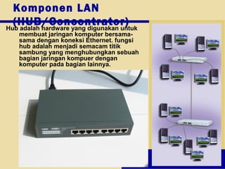 Next
Komponen LAN
(HUB/Concentrator)Hub adalah hardware yang digunakan untuk
membuat jaringan komputer bersama-
sama dengan koneksi Ethernet. fungsi
hub adalah menjadi semacam titik
sambung yang menghubungkan sebuah
bagian jaringan kompuer dengan
komputer pada bagian lainnya.
 