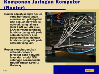 Komponen Jaringan Komputer
(Router)
p. 212 Next
Router adalah sebuah device
yang berfungsi untuk
meneruskan paket-paket
dari sebuah network ke
network yang lainnya
(baik LAN ke LAN atau
LAN ke WAN) sehingga
host-host yang ada pada
sebuah network bisa
berkomunikasi dengan
host-host yang ada pada
network yang lain.
Router menghubungkan
network-network
tersebut pada network
layer dari model OSI,
sehingga secara teknis
Router adalah Layer 3
Gateway.
 