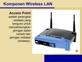 Komponen Wireless LAN
Access Point
adalah perangkat
wireless yang
berguna untuk
menyambungkan
jaringan kabel
(wired) dan
jaringan nirkabel
(wireless).
 