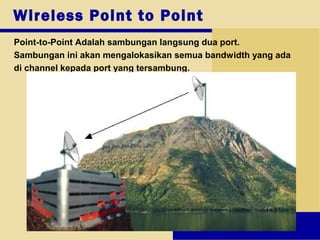 Wireless Point to Point
Point-to-Point Adalah sambungan langsung dua port.
Sambungan ini akan mengalokasikan semua bandwidth yang ada
di channel kepada port yang tersambung.
 