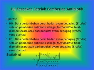 Uji Keacakan Setelah Pemberian Antibiotik Hipotesis H0 : Data pertambahan berat badan ayam pedaging ( Broiler )  setelah  pemberian antibiotik sebagai  feed additive  telah diambil secara acak dari populasi ayam pedaging ( Broiler ) yang diamati. H1 : Data pertambahan berat badan ayam pedaging ( Broiler ) s etelah  pemberian antibiotik sebagai  feed additive  tidak diambil secara acak dari populasi ayam pedaging ( Broiler ) yang diamati. Z =  Statistik uji 