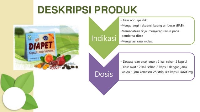 DESKRIPSI PRODUK
Indikasi
•Diare non spesifik,
•Mengurangi frekuensi buang air besar (BAB)
•Memadatkan tinja, menyerap racun pada
penderita diare
•Mengatasi rasa mulas.
Dosis
• Dewasa dan anak-anak : 2 kali sehari 2 kapsul
•Diare akut : 2 kali sehari 2 kapsul dengan jarak
waktu 1 jam kemasan 25 strip @4 kapsul @600mg
 