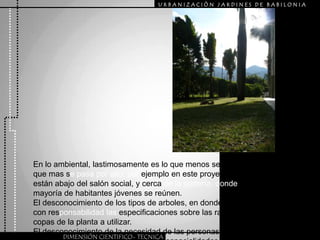 URBANIZACIÒN JARDINES DE BABILONIAEn lo ambiental, lastimosamente es lo que menos se piensa, o lo que mas se pasa por alto, por ejemplo en este proyecto las basuras están abajo del salón social, y cerca de la portería, donde la mayoría de habitantes jóvenes se reúnen.El desconocimiento de los tipos de arboles, en donde no se asume con responsabilidad las especificaciones sobre las raíces y las copas de la planta a utilizar.El desconocimiento de la necesidad de las personas de tener un espacio libre de reunión, y  no varias espacialidades residuales.DIMENSIÓN CIENTIFICO- TECNICA