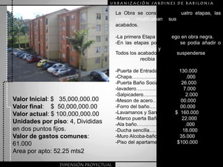 URBANIZACIÒN JARDINES DE BABILONIALa Obra se construyo en cuatro etapas, las cuales modificaban sus precios y sus acabados.-La primera Etapa se entrego en obra negra.-En las etapas posteriores  se podia añadir o descartar los pisos y los closets.Todos los acabados podiansuspenderse  y el cliente recibia un reembolso:-Puerta de Entrada………..$ 130.000-Chapa………………….....$   10.000-Puerta Baño Social……….$  26.000-lavadero………………… $    37.000-Salpicadero……………….$    12.000-Meson de acero………….$ 400.000-Forro del baño…………..$  100.000-Lavamanos y Sanitario…..$  160.000-Marco puerta Baño……... $   22.000-Ala baño………………….$   25.000-Ducha sencilla…………….$   18.000-Muro Alcoba-baño……....$   35.000-Piso del apartamento…......$100.000  Valor Inicial: $   35,000,000.00Valor final:    $  50,000,000.00Valor actual: $ 100,000,000.00Unidadesporpiso: 4, Divididas en dos puntosfijos.Valor de gastoscomunes: 61.000Area porapto: 52.25 mts2DIMENSIÓN PROYECTUAL