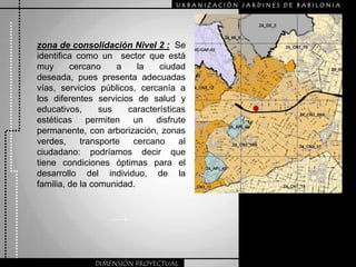 URBANIZACIÒN JARDINES DE BABILONIAzona de consolidación Nivel 2 : Se identifica como un  sector que está muy cercano a la ciudad deseada, pues presenta adecuadas vías, servicios públicos, cercanía a los diferentes servicios de salud y educativos, sus características estéticas permiten un disfrute permanente, con arborización, zonas verdes, transporte cercano al ciudadano: podríamos decir que tiene condiciones óptimas para el desarrollo del individuo, de la familia, de la comunidad.DIMENSIÓN PROYECTUAL