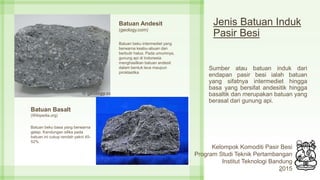 Jenis Batuan Induk
Pasir Besi
Sumber atau batuan induk dari
endapan pasir besi ialah batuan
yang sifatnya intermediet hingga
basa yang bersifat andesitik hingga
basaltik dan merupakan batuan yang
berasal dari gunung api.
12
Batuan Andesit
(geology.com)
Batuan Basalt
(Wikipedia.org)
Batuan beku intermediet yang
berwarna keabu-abuan dan
berbutir halus. Pada umumnya,
gunung api di Indonesia
menghasilkan batuan andesit
dalam bentuk lava maupun
piroklastika
Batuan beku basa yang berwarna
gelap. Kandungan silika pada
batuan ini cukup rendah yakni 45-
52%
Kelompok Komoditi Pasir Besi
Program Studi Teknik Pertambangan
Institut Teknologi Bandung
2015
 