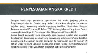 Dengan berlakunya pedoman operasional ini, maka jenjang jabatan fungsional/akademik Dosen yang telah ditetapkan dengan keputusan pejabat yang berwenang sebelumnya/yang terakhir, disesuaikan dengan Permenpan dan RB nomor 17 Tahun 2013 tentang Jabatan Fungsional Dosen dan Angka Kreditnya Jo Permenpan dan RB nomor 46 Tahun 2013. 
Angka kredit kumulatif yang diperoleh pada jenjang jabatan dan pangkat berdasarkan keputusan pejabat yang berwenang sebelumnya/yang terakhir proporsinya disesuaikan dengan Lampiran IV Permenpan dan RB nomor 17 Tahun 2013 tentang Jabatan Fungsional Dosen tanpa memperhitungkan kelebihan angka kredit yang telah diperoleh sebelumnya/terakhir. 
PENYESUAIAN ANGKA KREDIT 
49  