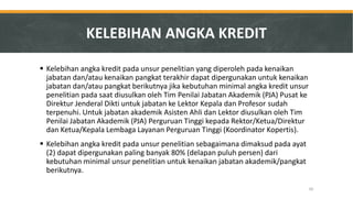Kelebihan angka kredit pada unsur penelitian yang diperoleh pada kenaikan jabatan dan/atau kenaikan pangkat terakhir dapat dipergunakan untuk kenaikan jabatan dan/atau pangkat berikutnya jika kebutuhan minimal angka kredit unsur penelitian pada saat diusulkan oleh Tim Penilai Jabatan Akademik (PJA) Pusat ke Direktur Jenderal Dikti untuk jabatan ke Lektor Kepala dan Profesor sudah terpenuhi. Untuk jabatan akademik Asisten Ahli dan Lektor diusulkan oleh Tim Penilai Jabatan Akademik (PJA) Perguruan Tinggi kepada Rektor/Ketua/Direktur dan Ketua/Kepala Lembaga Layanan Perguruan Tinggi (Koordinator Kopertis). 
Kelebihan angka kredit pada unsur penelitian sebagaimana dimaksud pada ayat (2) dapat dipergunakan paling banyak 80% (delapan puluh persen) dari kebutuhan minimal unsur penelitian untuk kenaikan jabatan akademik/pangkat berikutnya. 
50 
KELEBIHAN ANGKA KREDIT  