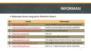 Beberapa laman yang perlu diketahui dosen: 
62 
INFORMASI 
No 
Laman 
Keterangan 
1 
www.scimagojr.com 
untuk melihat jurnal internasional bereputasi 
2 
http://scholarlyoa.com/publishers/ 
melihat questionable journal dan publisher 
3 
www.microsoftacademicsearch.com 
melihat jurnal internasional 
4 
http://issn.lipi.go.id/ 
cek issn 
5 
www.doaj.com 
melihat jurnal INA masuk list 
6 
www.plagiarisma.net 
cek plagiat karya ilmiah di laman open access 
7 
http://www.duplichecker.com/ 
cek plagiat karya ilmiah dI laman open access 
8 
www.ithenticate.com 
idem no. 7 tapi termasuk laman subscribe  