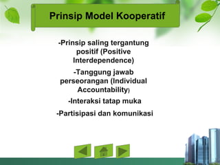 Prinsip Model Kooperatif
-Prinsip saling tergantung
positif (Positive
Interdependence)
-Tanggung jawab
perseorangan (Individual
Accountability)
-Interaksi tatap muka
-Partisipasi dan komunikasi
 