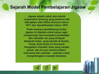Sejarah Model Pembelajaran Jigsaw
Jigsaw adalah salah satu teknik
cooperative learning yang pertama kali
diterapkan oleh Elliiot Aronson tahun
1971 dan dipublikasikan tahun 1978
Pada awalnya penelitiannya kelas
jigsaw ini dipakai untuk tujuan agar
mengurangi rasa kompetisi pembelajar
dan masalah ras yang terdapat
disebuah kelas yang berada di Austin,
Texas. Kota texas ini termasuk
mengalami masalah rasis yang sangat
parah, dan itu pun memunculkan
intervensi dari sekolah – sekolah untuk
menghilangkan masalah tersebut.
 