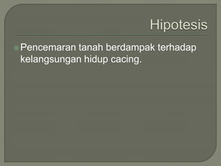 Pencemaran tanah berdampak terhadap
kelangsungan hidup cacing.
 