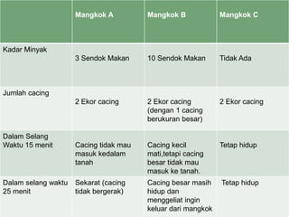 Mangkok A Mangkok B Mangkok C
Kadar Minyak
3 Sendok Makan 10 Sendok Makan Tidak Ada
Jumlah cacing
2 Ekor cacing 2 Ekor cacing
(dengan 1 cacing
berukuran besar)
2 Ekor cacing
Dalam Selang
Waktu 15 menit Cacing tidak mau
masuk kedalam
tanah
Cacing kecil
mati,tetapi cacing
besar tidak mau
masuk ke tanah.
Tetap hidup
Dalam selang waktu
25 menit
Sekarat (cacing
tidak bergerak)
Cacing besar masih
hidup dan
menggeliat ingin
keluar dari mangkok
Tetap hidup
 