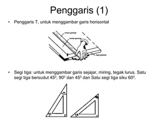 Penggaris (1)
• Penggaris T, untuk menggambar garis horisontal
• Segi tiga: untuk menggambar garis sejajar, miring, tegak lurus. Satu
segi tiga bersudut 450, 900 dan 450 dan Satu segi tiga siku 600.
 