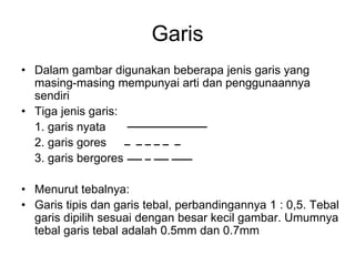 Garis
• Dalam gambar digunakan beberapa jenis garis yang
masing-masing mempunyai arti dan penggunaannya
sendiri
• Tiga jenis garis:
1. garis nyata
2. garis gores
3. garis bergores
• Menurut tebalnya:
• Garis tipis dan garis tebal, perbandingannya 1 : 0,5. Tebal
garis dipilih sesuai dengan besar kecil gambar. Umumnya
tebal garis tebal adalah 0.5mm dan 0.7mm
 