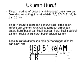 Ukuran Huruf
• Tinggi h dari huruf besar diambil sebagai dasar ukuran.
Daerah standar tinggi huruf adalah: 2,5, 3.5, 5, 7, 10, 14
dan 20 mm
• Tinggi h (huruf besar) dan c (huruf kecil) tidak boleh
kurang dari 2,5mm. Artinya jika terdapat gabungan
antara huruf besar dan kecil, dengan huruf kecil setinggi
2,5mm , maka tinggi huruf besar adalah 3,5mm
• Tebal huruf (d) ditentukan oleh perbandingan d/h=1/4
dan d/h=1/10
 